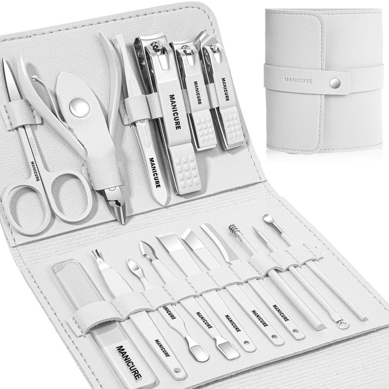 Leipple Manicure Set Professional Nail Clippers Pedicure Kit, 16 pcs Stainless Steel Nail Care Tools Grooming Kit with Luxurious Travel Leather Case for Thick Nails Men Women Gift (White) - Image 1